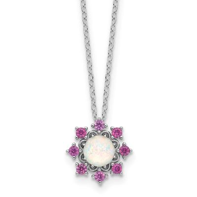 Cheryl M Polished Created Opal and Pink Crystal Flower Necklace Sterling Silver Rhodium-plated, QCM