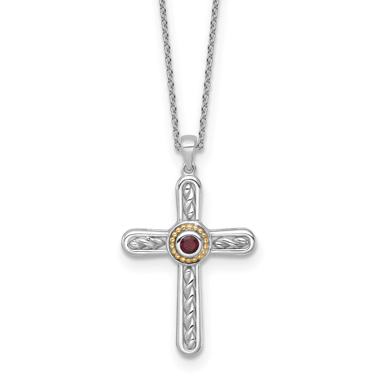 Shey Couture with 14k Accent Round Garnet Textured Cross 18 inch with 2 inch Extension Necklace Ste