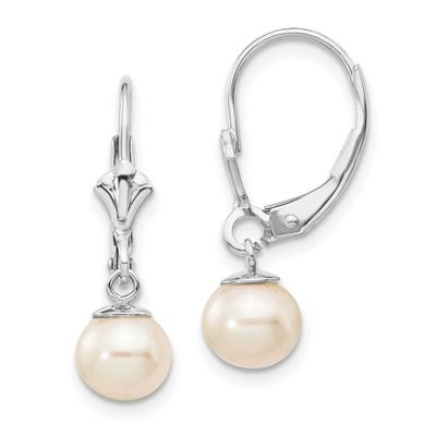 6-7mm White Round Freshwater Cultured Pearl Dangle Leverback Earrings 14k White Gold, XLBW154PL,