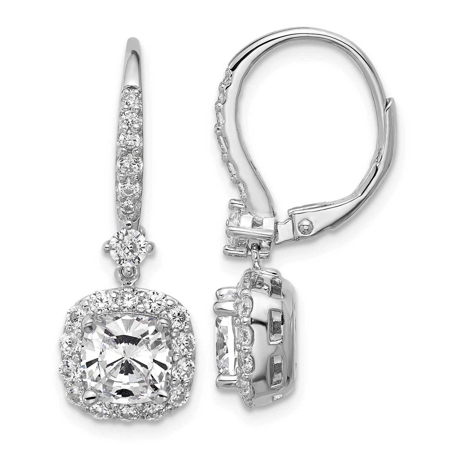 Cheryl M Polished Cushion-cut CZ Halo Dangle Leverback Earrings Sterling Silver Rhodium-plated, QCM