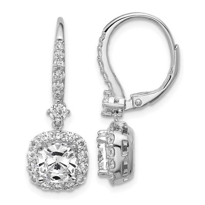 Cheryl M Polished Cushion-cut CZ Halo Dangle Leverback Earrings Sterling Silver Rhodium-plated, QCM