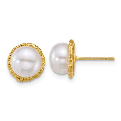 7-8mm White Button Freshwater Cultured Pearl Post Earrings 14k Gold Polished, XF903E,