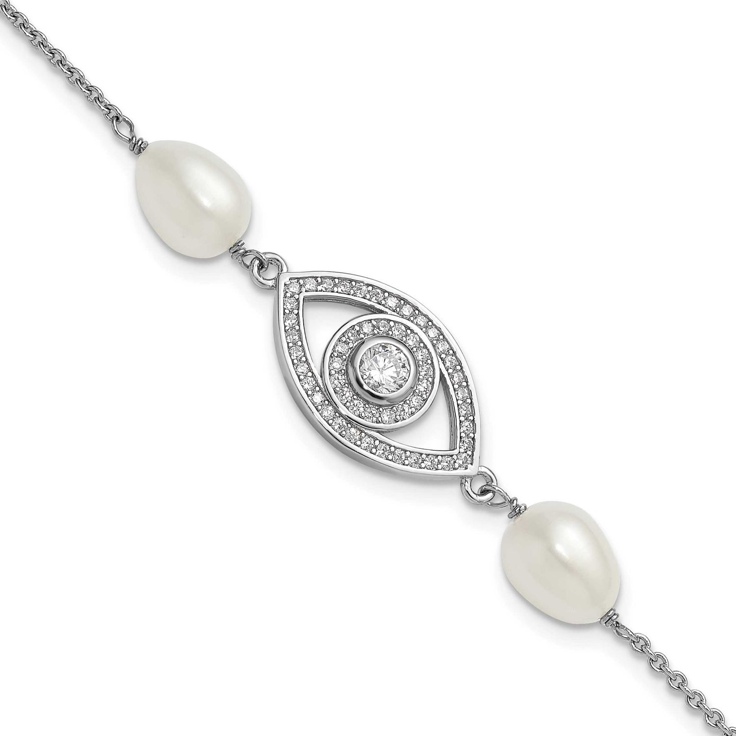 6-8mm White Teardrop Freshwater Cultured Pearl and CZ Evil Eye 7 inch with 1 inch Extension Bracele