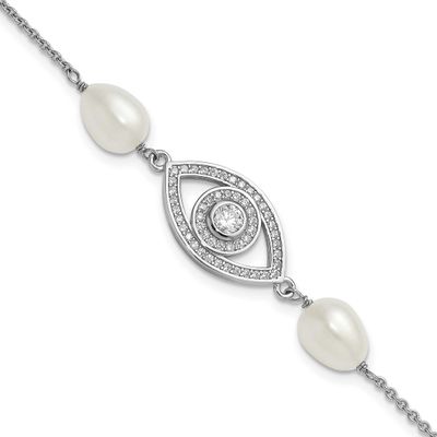 6-8mm White Teardrop Freshwater Cultured Pearl and CZ Evil Eye 7 inch with 1 inch Extension Bracele
