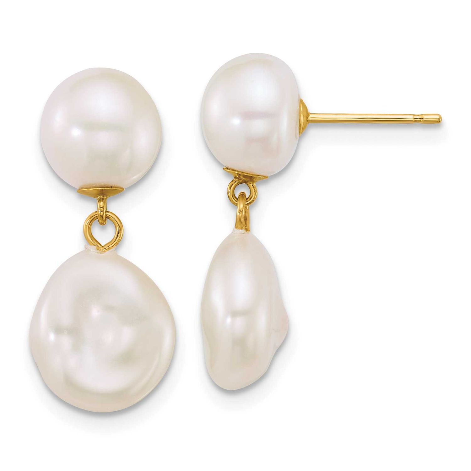 7-10mm White Button and Baroque White Freshwater Cultured Pearl Post Dangle Earrings 14k Gold, XF90