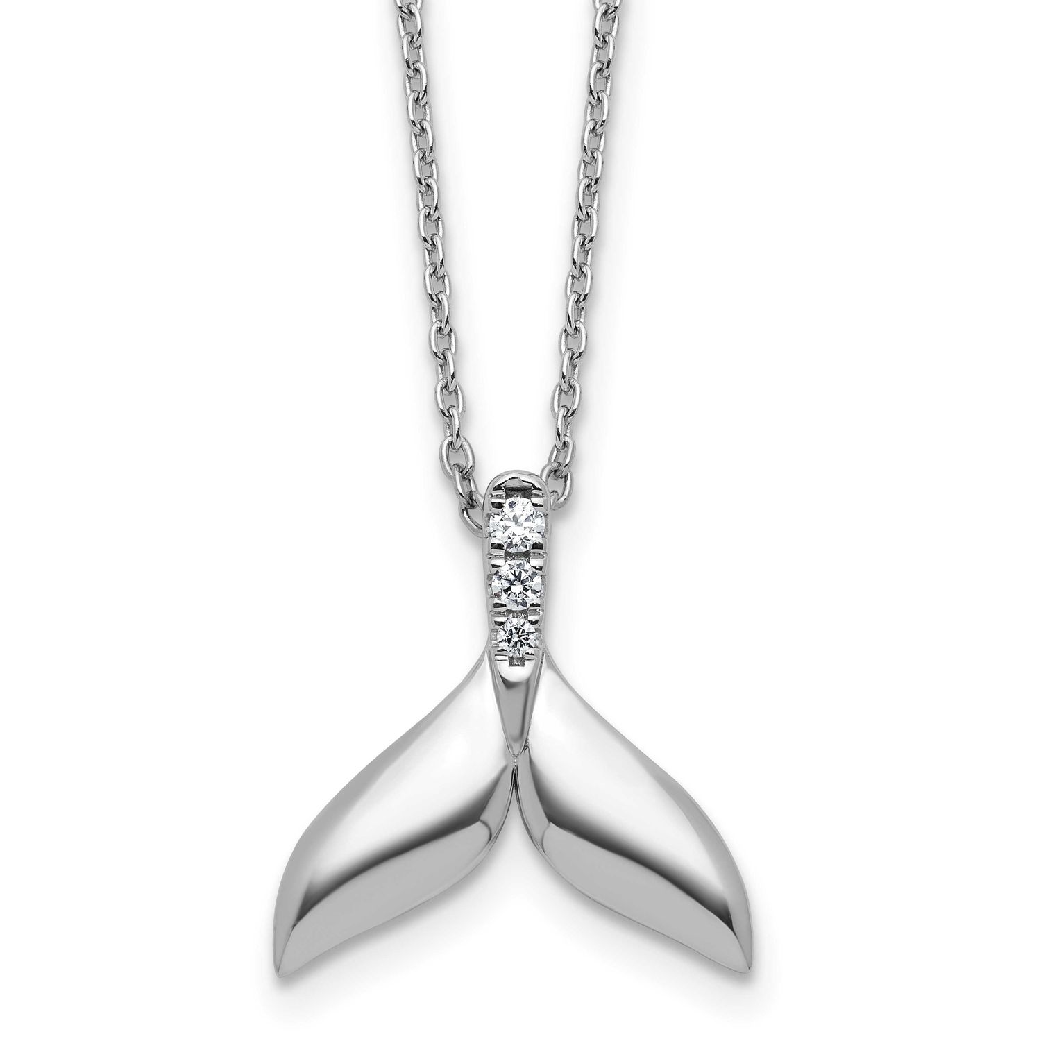 White Ice Diamond Whale Tail 18 inch Necklace plus 2 inch Extender Sterling Silver Rhodium-plated,