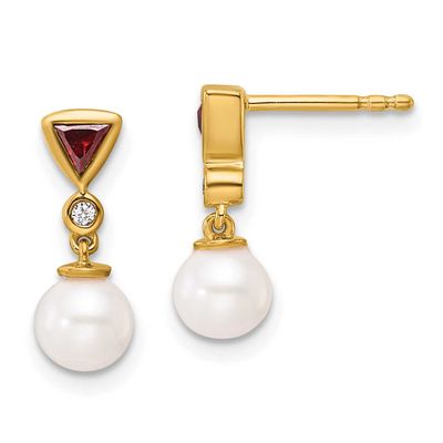 Diamond and Ruby Pearl Dangle Post Earrings 14k Gold Polished, EM10036-RU-002-YAA,