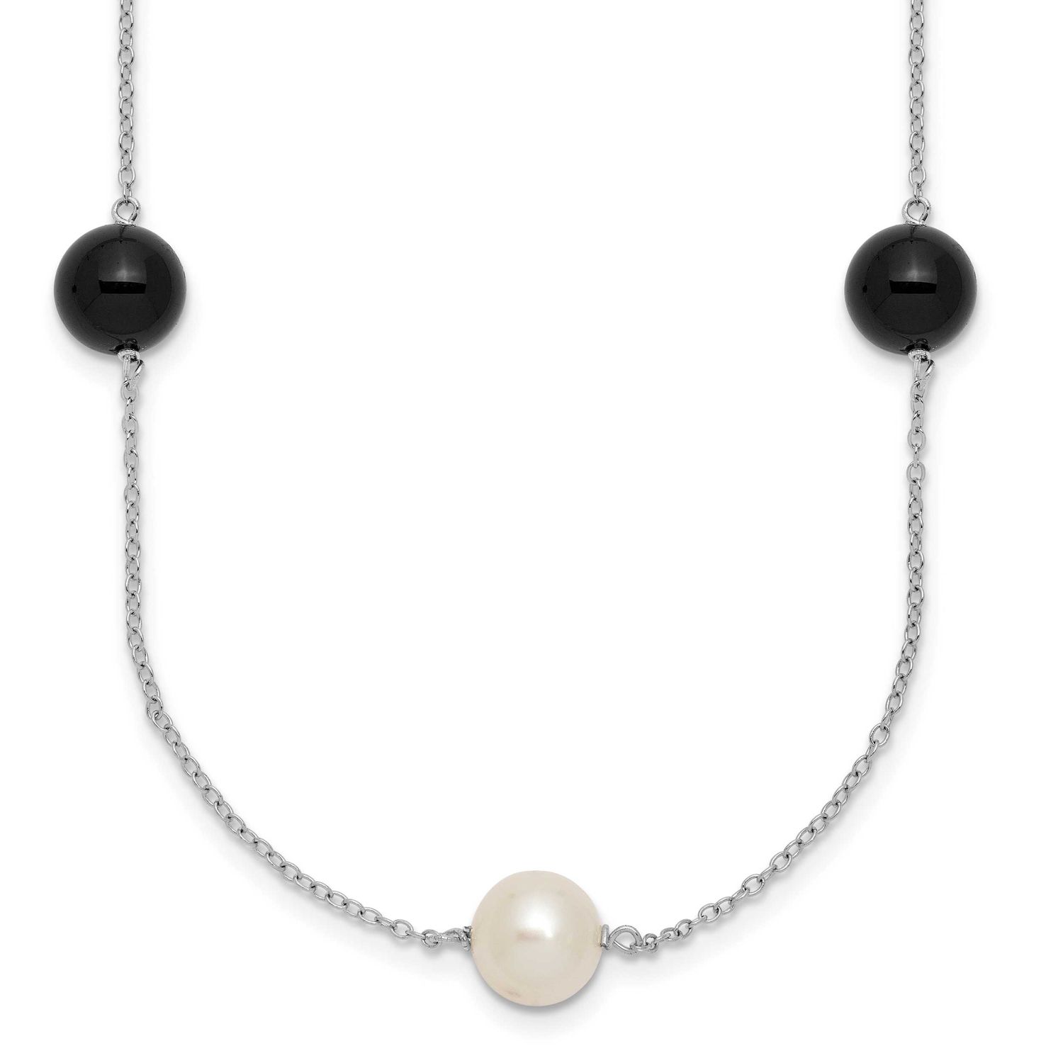 8-9mm White Semi-Round Freshwater Cultured Pearl and Onyx 7-station 18 inch Necklace Sterling Silve