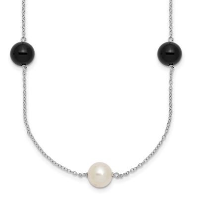 8-9mm White Semi-Round Freshwater Cultured Pearl and Onyx 7-station 18 inch Necklace Sterling Silve