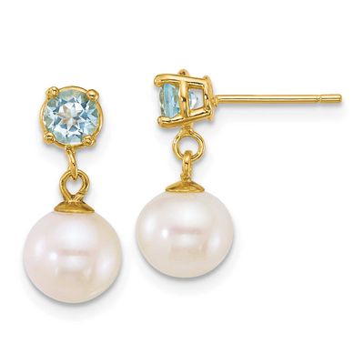 7-8mm White Round Freshwater Cultured Pearl and .70BT Blue Topaz Post Dangle Earrings 14k Gold, XF8