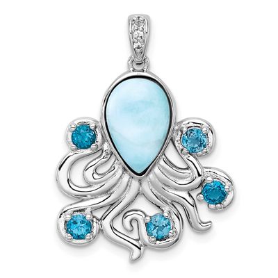 Polished Larimar, White and Blue Topaz Octopus Pendant Sterling Silver Rhodium-plated, QC11585,
