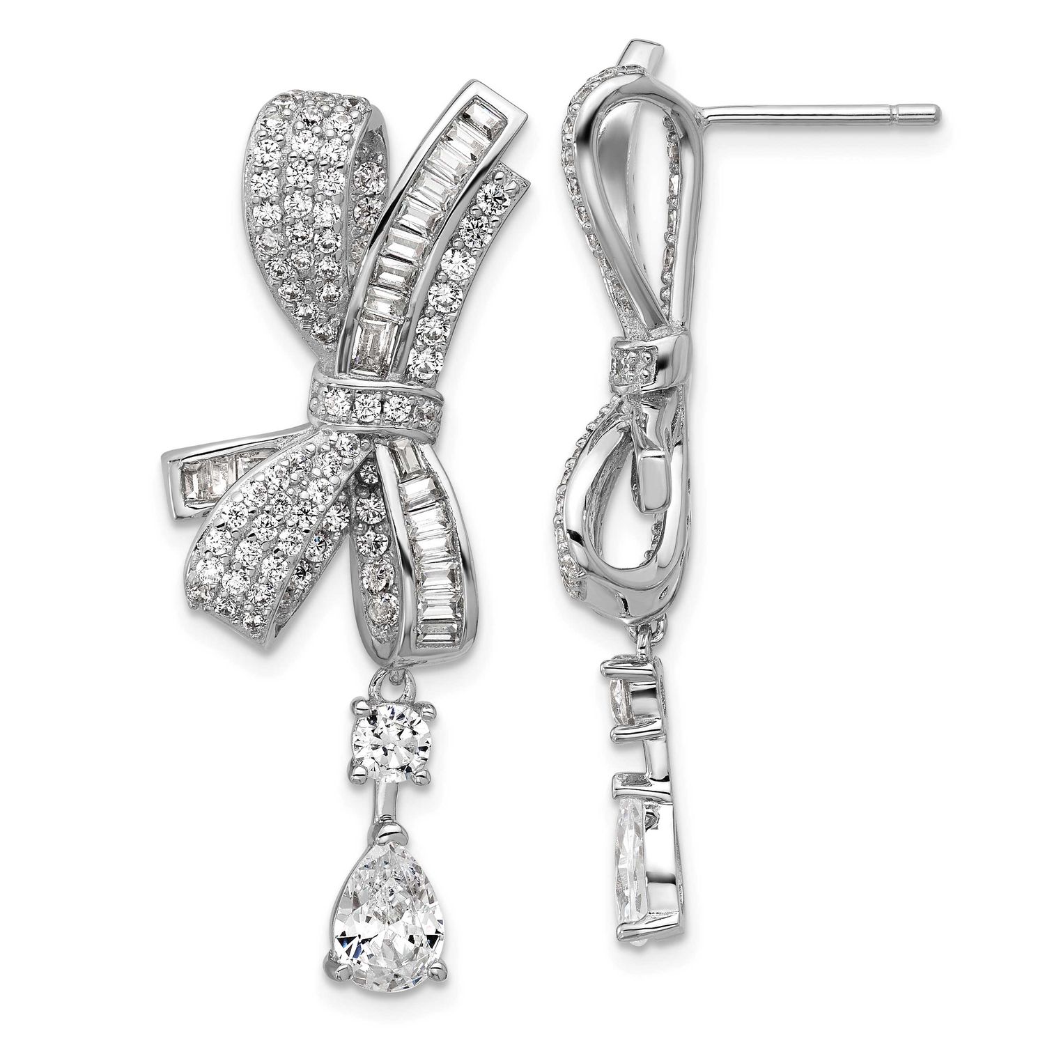 Cheryl M Polished Fancy CZ Bow Post Dangle Earrings Sterling Silver Rhodium-plated, QCM1749, 196904