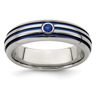 Edward Mirell Trpl Groove Blue Anodized &amp; Sapphire Ring Titanium, EMR270-8, 886774557397