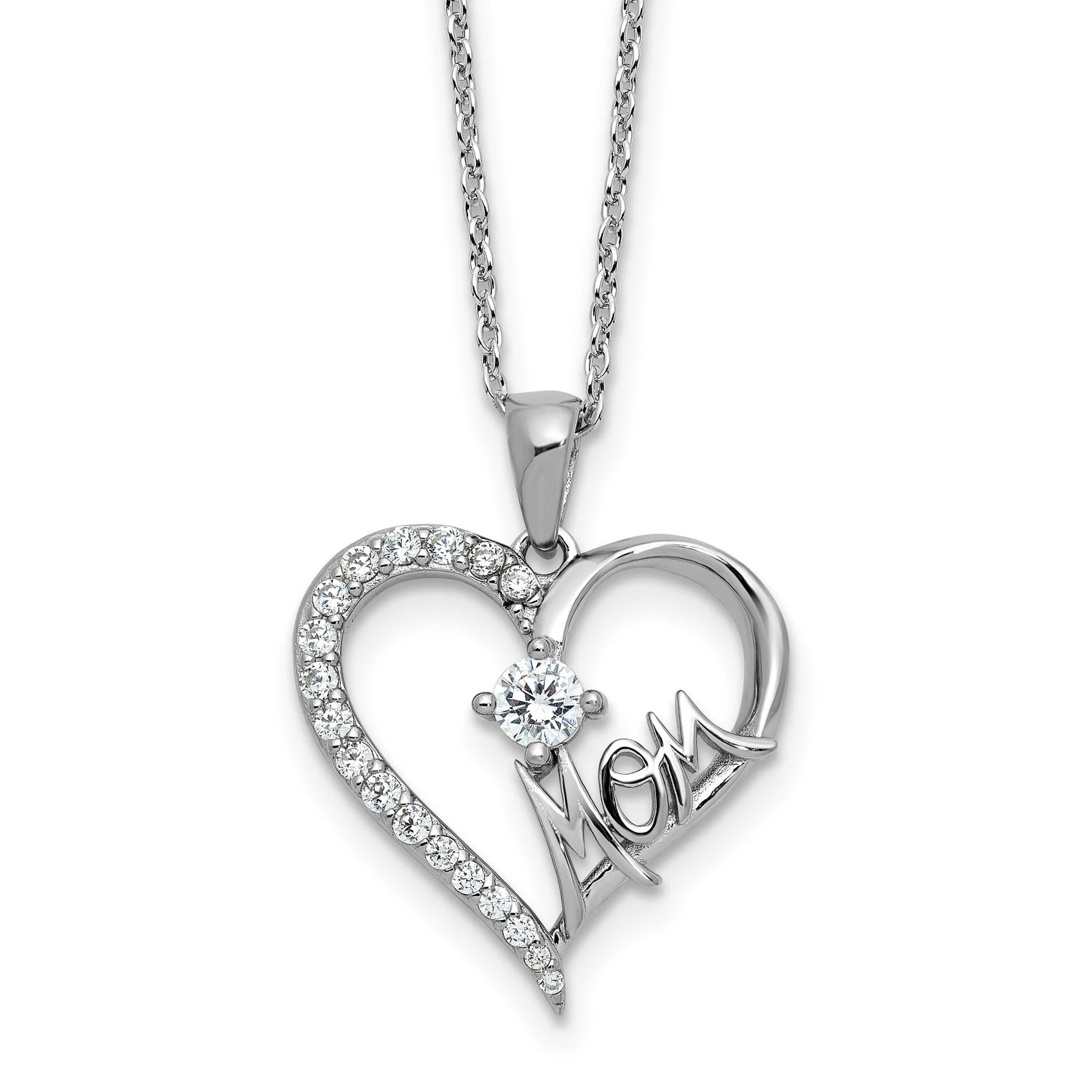 Cheryl M Polished CZ Mom Heart with 2 Inch Extension Necklace Sterling Silver Rhodium-plated, QCM17