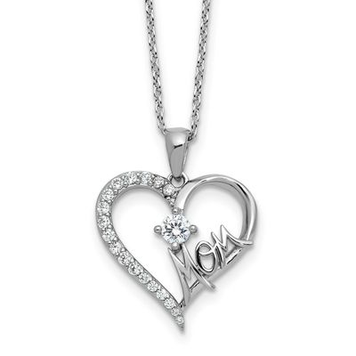 Cheryl M Polished CZ Mom Heart with 2 Inch Extension Necklace Sterling Silver Rhodium-plated, QCM17