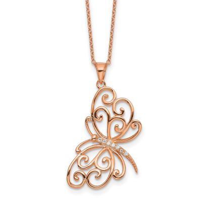 Cheryl M Polished CZ Butterfly 16 Inch with 2 Inch Extension Necklace Sterling Silver Rose Gold-pla