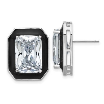 Cheryl M Polished Black Enamel and Emerald-cut CZ Post Earrings Sterling Silver Rhodium-plated, QCM