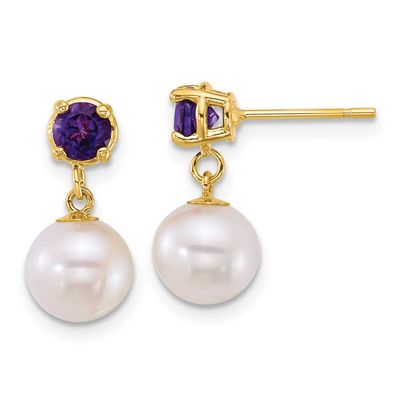 7-8mm White Round Freshwater Cultured Pearl and .50AM Amethyst Post Dangle Earrings 14k Gold, XF878