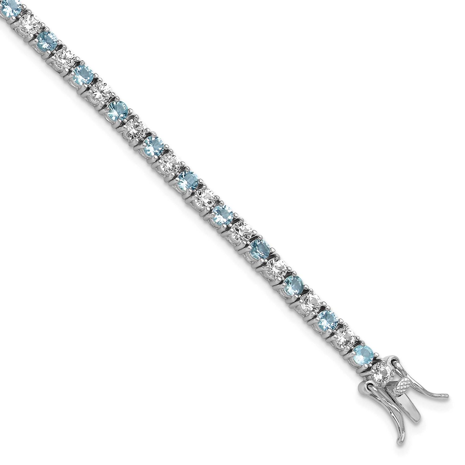Cheryl M Polished Aqua Glass and CZ Tennis Bracelet Sterling Silver Rhodium-plated, QCM1772-7,