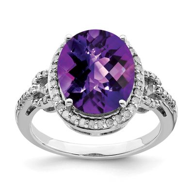 Oval Checker-Cut Amethyst &amp; Diamond Ring Sterling Silver Rhodium-plated, QR3063AM-7, 883957637457