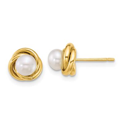 4-5mm White Button Freshwater Cultured Pearl Post Earrings 14k Gold, XF897E,