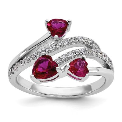 Cheryl M Polished Lab Created Ruby and CZ Hearts Ring Sterling Silver Rhodium-plated, QCM1795-9, 19