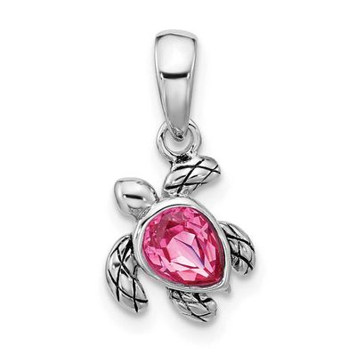 Polished and Antiqued Crystal October Birthstone Turtle Pendant Sterling Silver Rhodium-plated, QP5