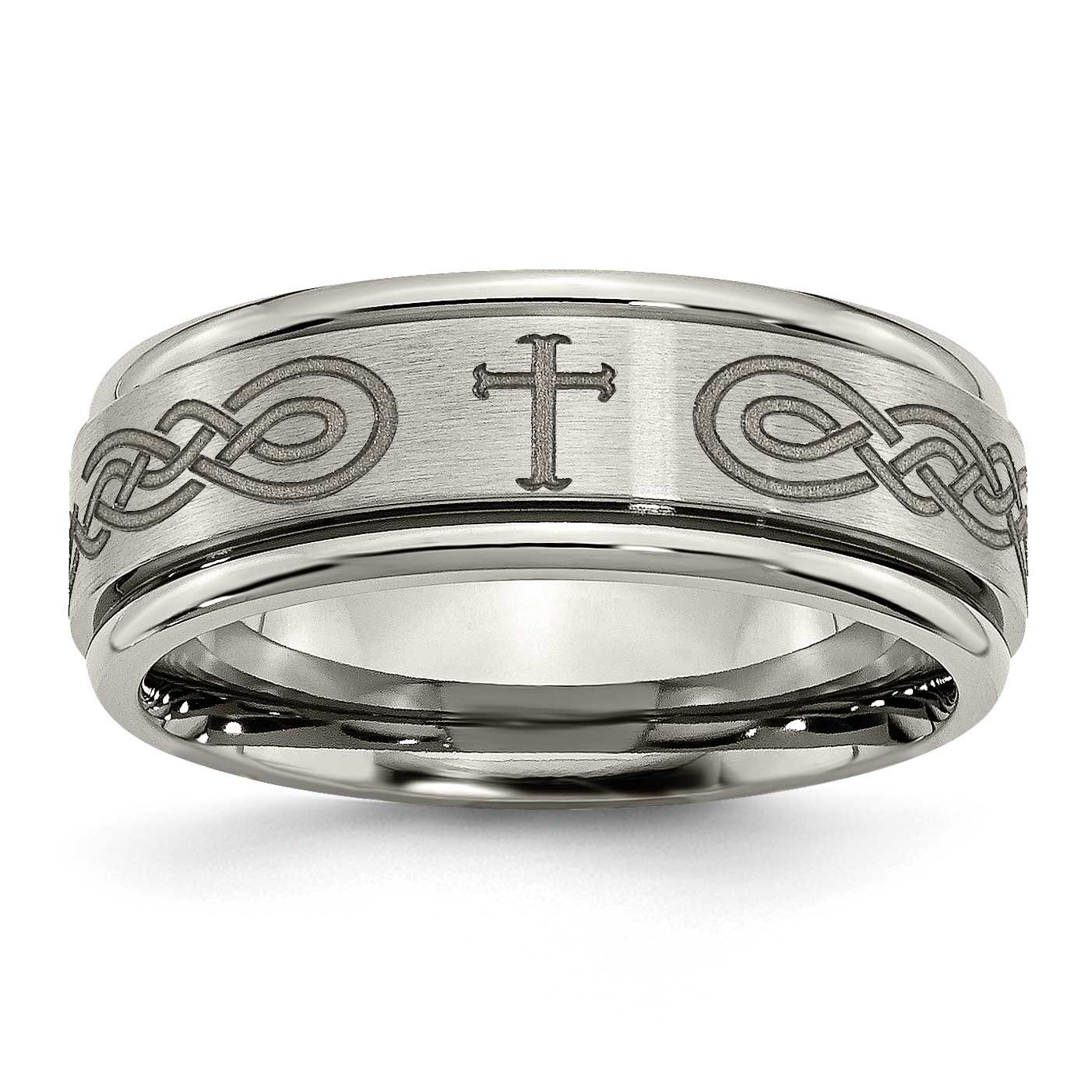 Cross Laser Design 8mm Ridged Edge Band Titanium Brushed and Polished, TB11P-10.5, 886774046884