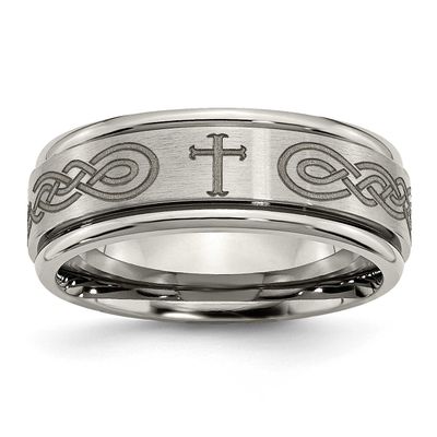 Cross Laser Design 8mm Ridged Edge Band Titanium Brushed and Polished, TB11P-10.5, 886774046884