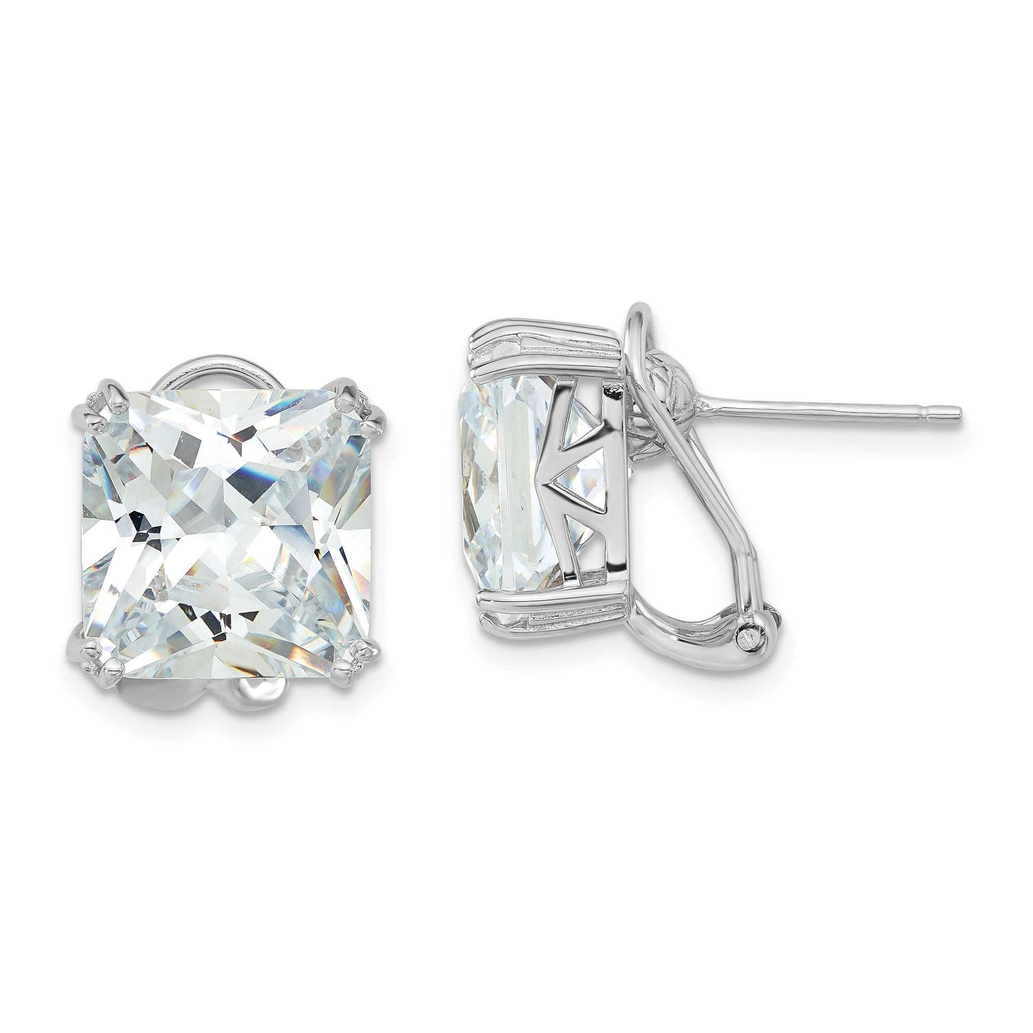 Cheryl M Polished Cushion-cut CZ Post Omega Back Earrings Sterling Silver Rhodium-plated, QCM1967,