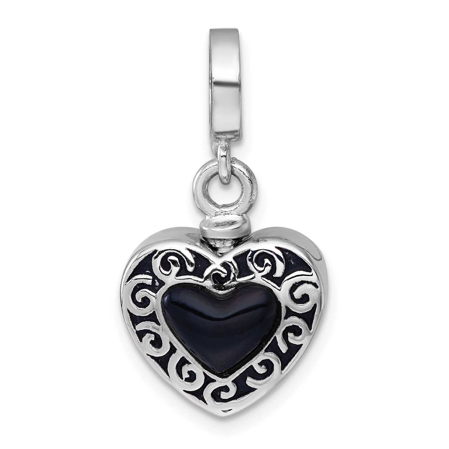 Onyx Enameled Heart Ash Holder Bead/Pendant Sterling Silver Rhodium-plated, QC11536,