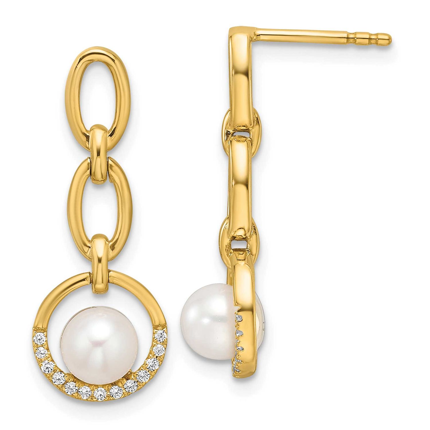 Diamond and Pearl Open Circle Dangle Post Earrings 14k Gold Polished, EM9983-010-YAA,