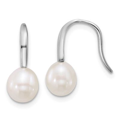 7-8mm White Teardrop Freshwater Cultured Pearl Shepherd Hook Earrings Sterling Silver Rhodium-plate