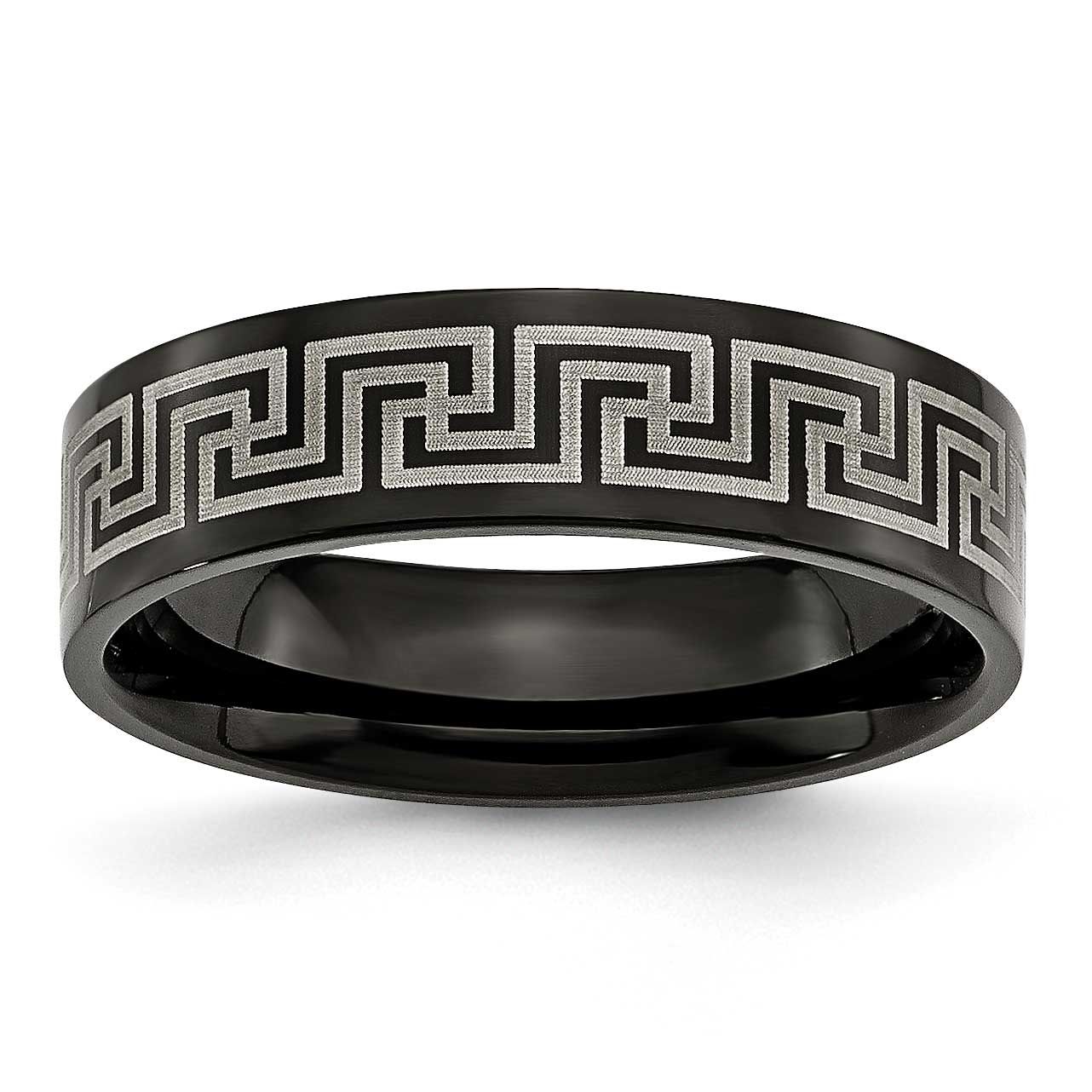 Polished Black IP Laser Etched Greek Key 6mm Band Titanium Brushed, TB363-8.5, 883957002286