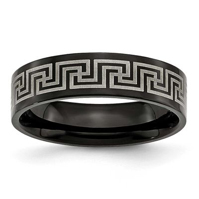Polished Black IP Laser Etched Greek Key 6mm Band Titanium Brushed, TB363-8.5, 883957002286