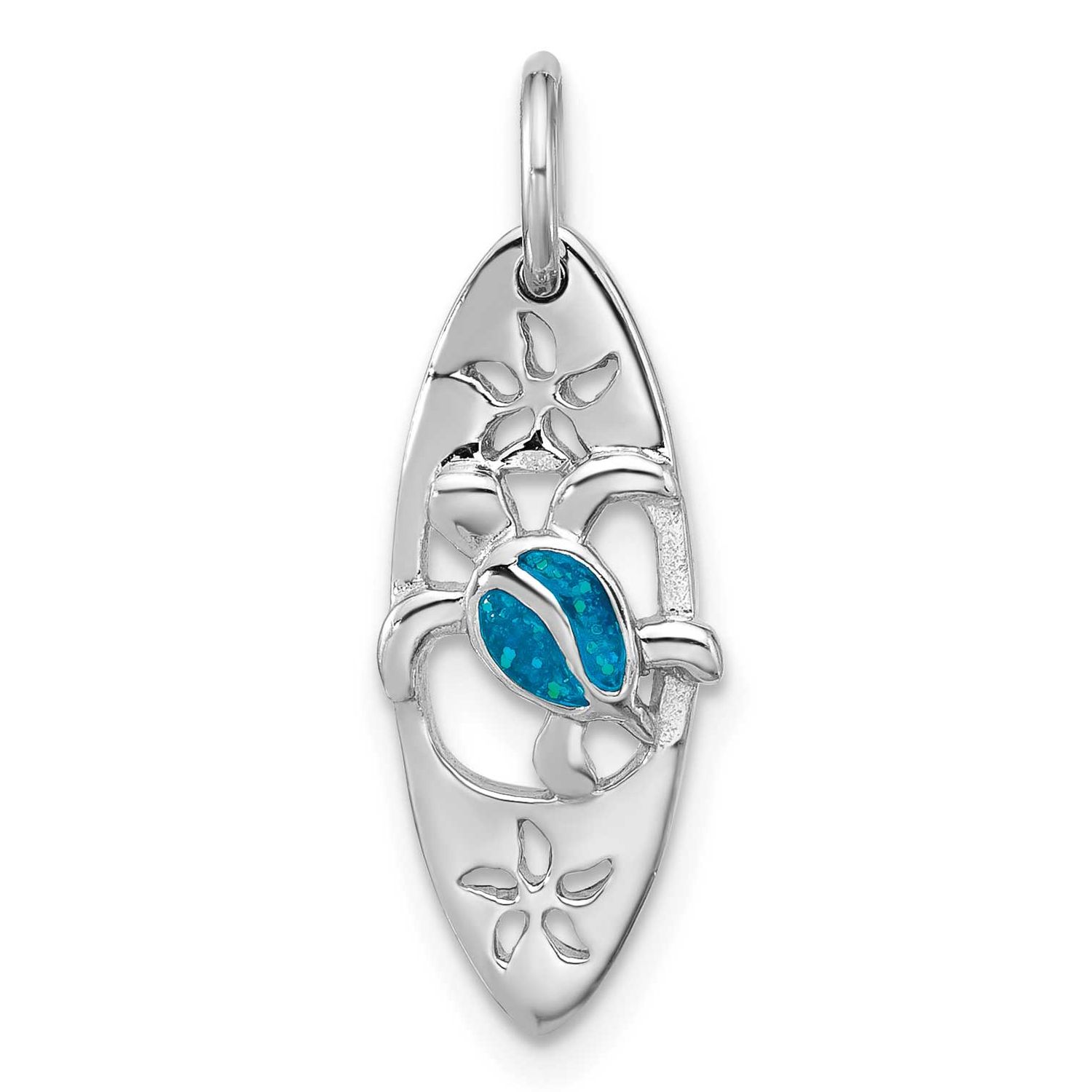 Polished Blue Enamel Turtle Surfboard Pendant Sterling Silver Rhodium-plated, QP5907,