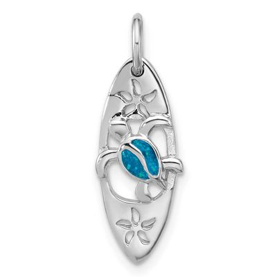 Polished Blue Enamel Turtle Surfboard Pendant Sterling Silver Rhodium-plated, QP5907,