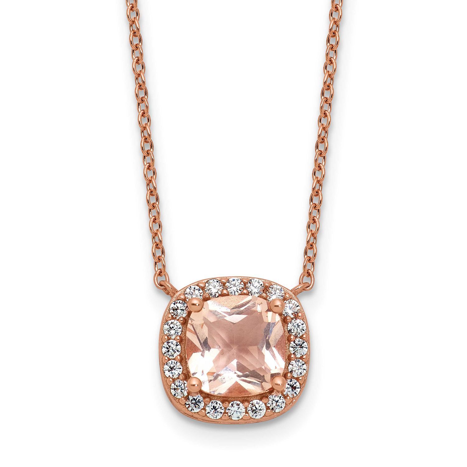Cheryl M Polished CZ and Pink Glass Halo Necklace Sterling Silver Rose Gold-plated, QCM1773-18, 196