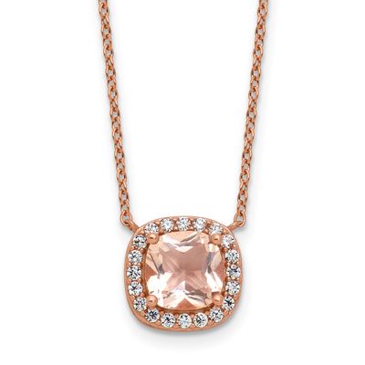 Cheryl M Polished CZ and Pink Glass Halo Necklace Sterling Silver Rose Gold-plated, QCM1773-18, 196