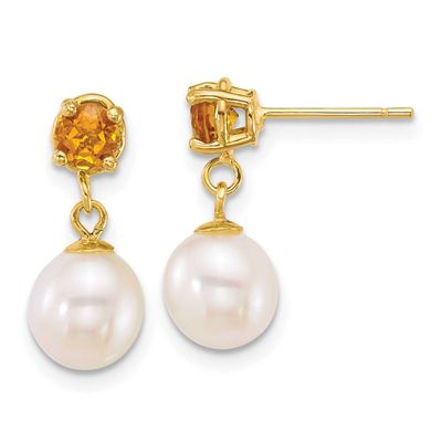 7-8mm White Round Freshwater Cultured Pearl and .46CI Citrine Post Dangle Earrings 14k Gold, XF878E