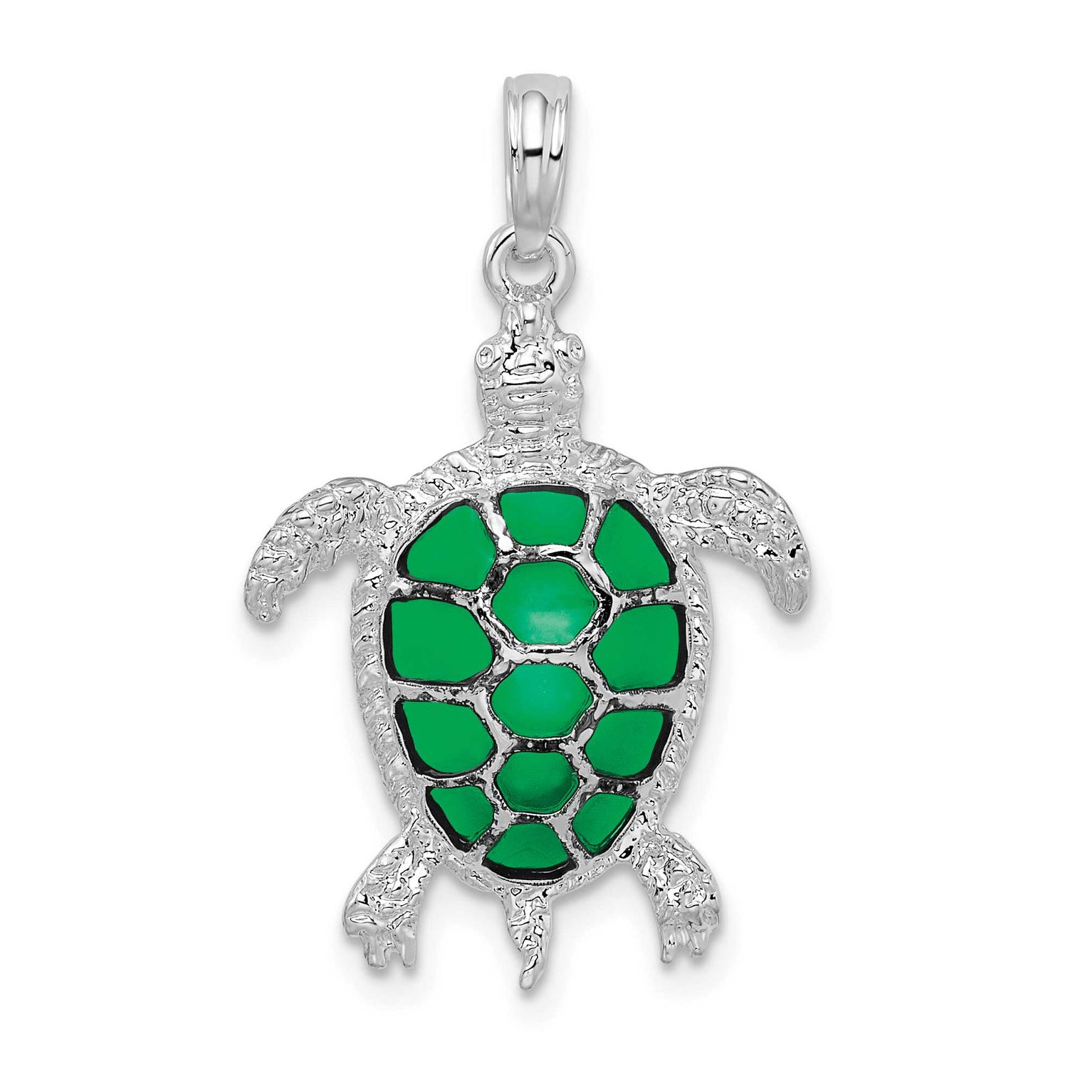 De-Ani Polished Enameled Green Sea Turtle Pendant Sterling Silver Rhodium-plated, QC9780, 637218145