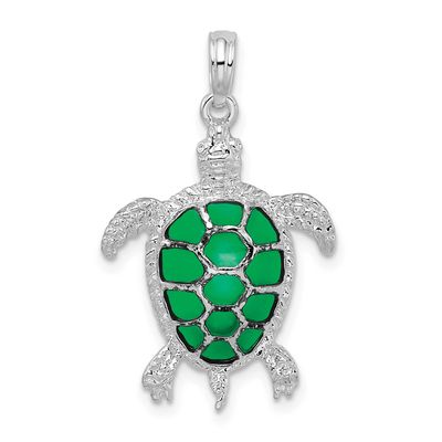De-Ani Polished Enameled Green Sea Turtle Pendant Sterling Silver Rhodium-plated, QC9780, 637218145