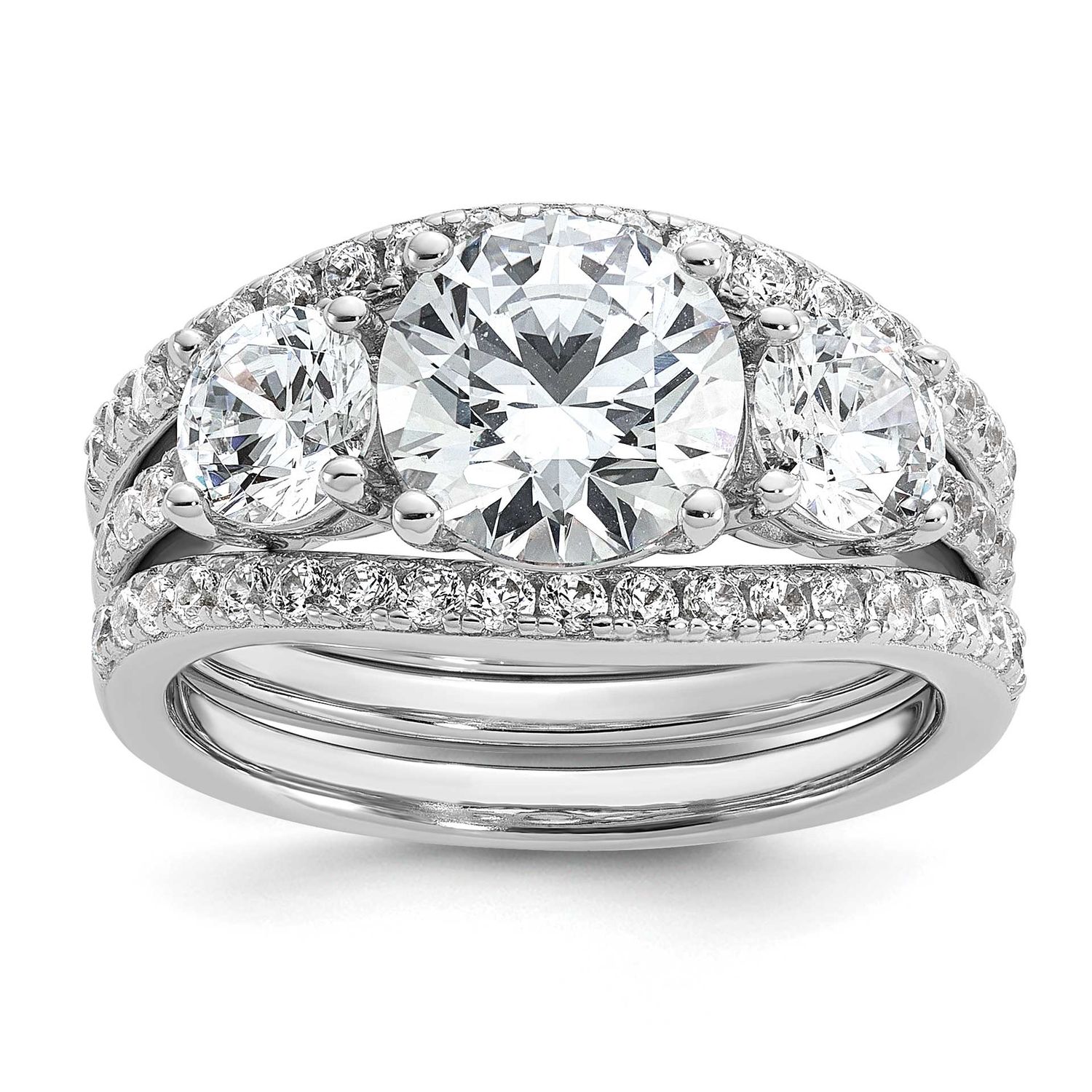 Cheryl M Polished 3-Stone CZ Ring with 2 Bands Ring Set Sterling Silver Rhodium-plated, QCM1740-8,