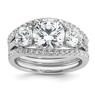 Cheryl M Polished 3-Stone CZ Ring with 2 Bands Ring Set Sterling Silver Rhodium-plated, QCM1740-8,