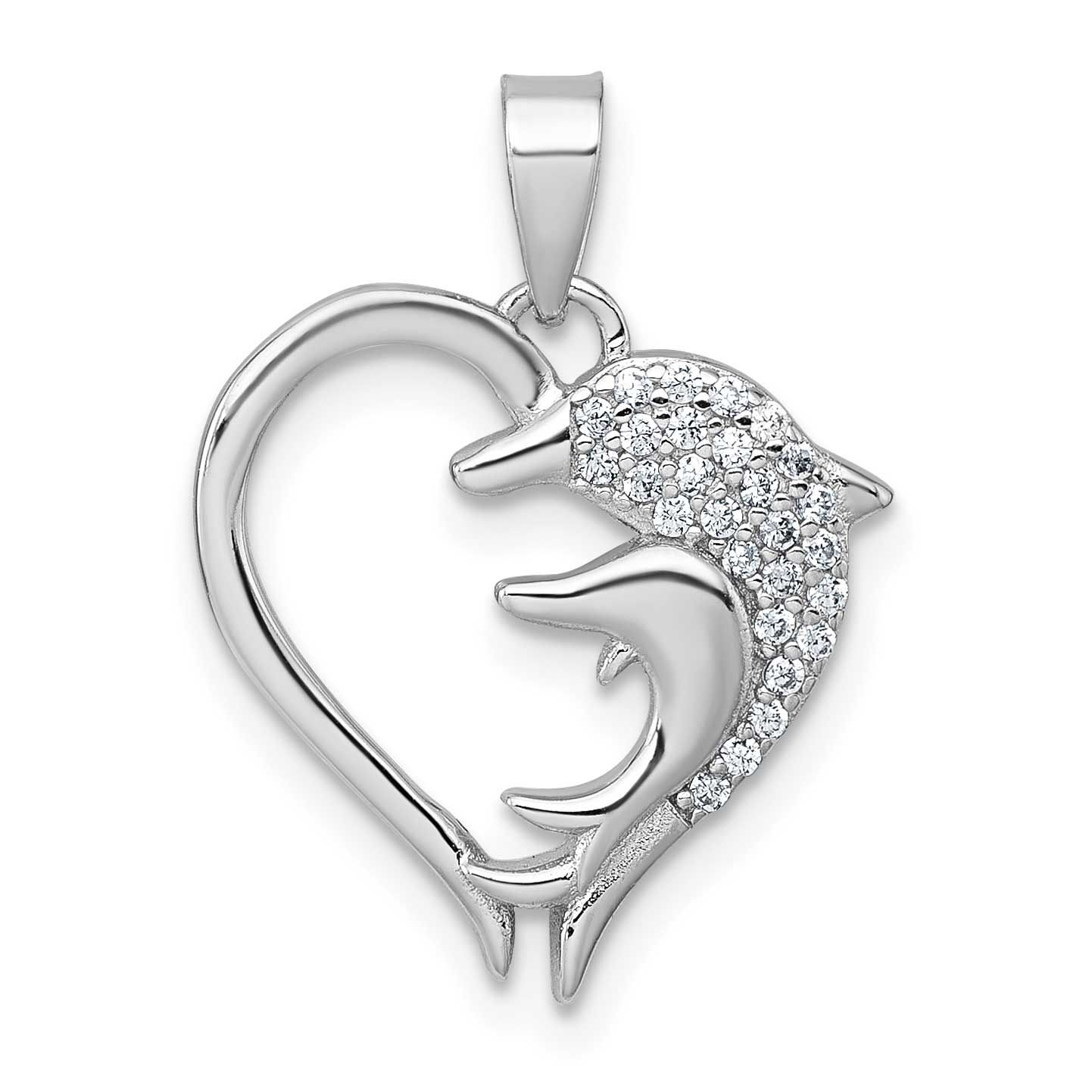 Polished CZ Dolphins Heart Pendant Sterling Silver Rhodium-plated, QC11589,