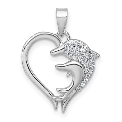 Polished CZ Dolphins Heart Pendant Sterling Silver Rhodium-plated, QC11589,