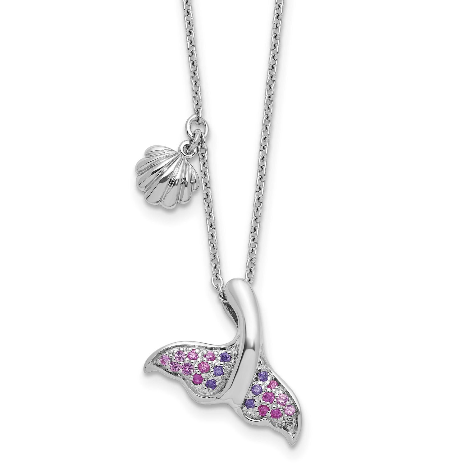 Polished CZ Whale Tail 17.75in Necklace Sterling Silver Rhodium-plated, QG6763-17.75,