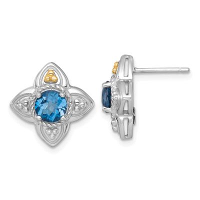Shey Couture with 14k Accent Round London Blue Topaz Flower Post Earrings Sterling Silver Rhodium-p