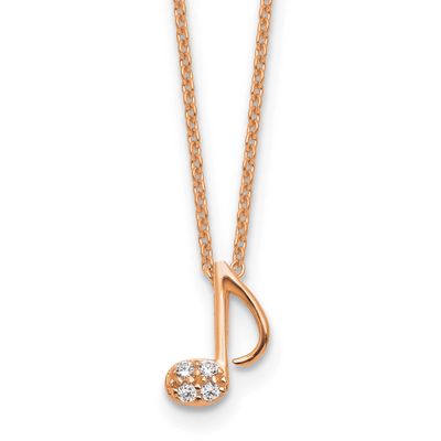 Cheryl M Polished CZ Music Note 16 Inch with 2 Inch Extension Necklace Sterling Silver Rose Gold-pl