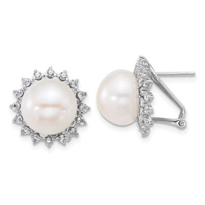 11-12mm White Button Freshwater Cultured Pearl and CZ Omega Back Earrings Sterling Silver Rhodium-p